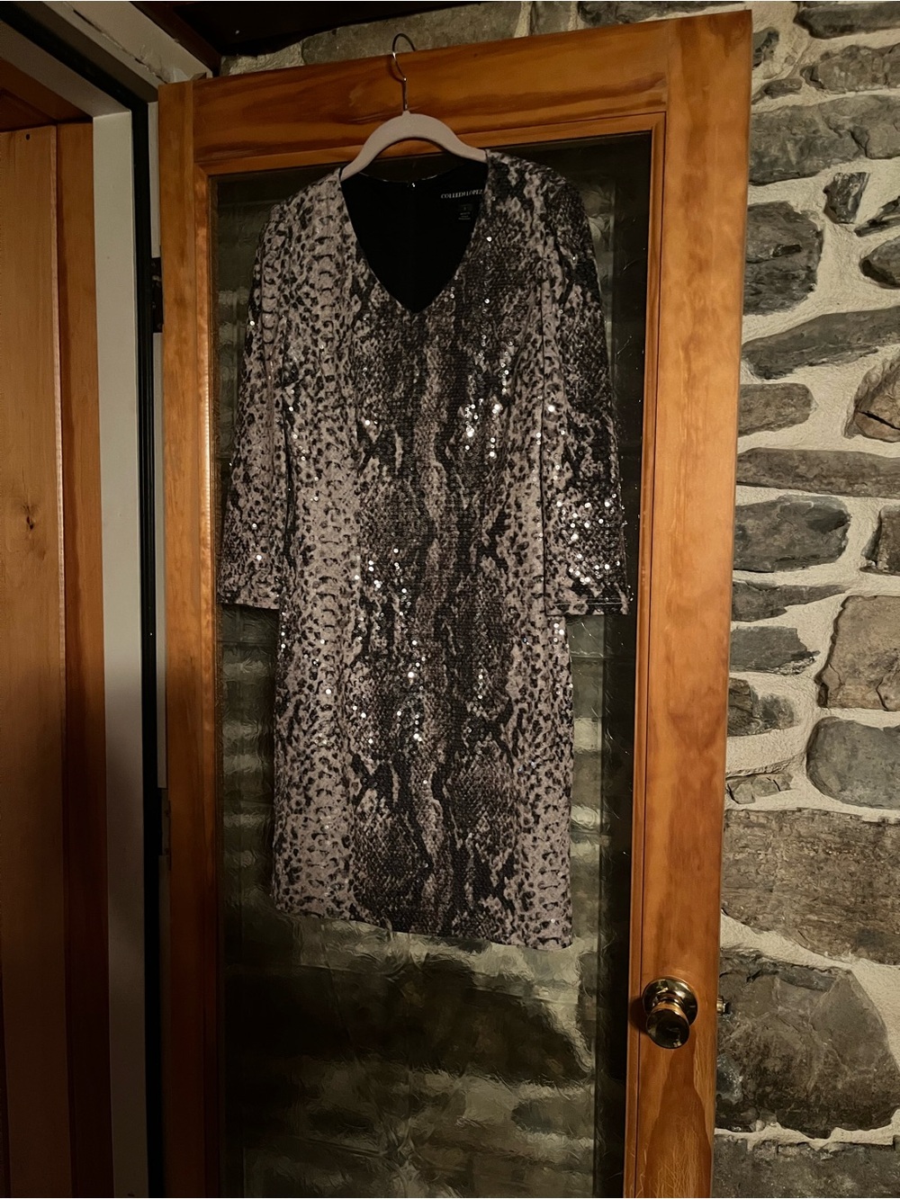 Colleen Lopez Sequin Snake-Print Long Sleeve Dress in Black and Gray